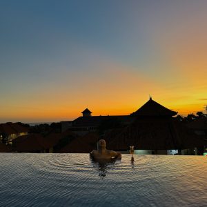 A traveler gazing at a stunning Balinese sunset, ready for the next adventure