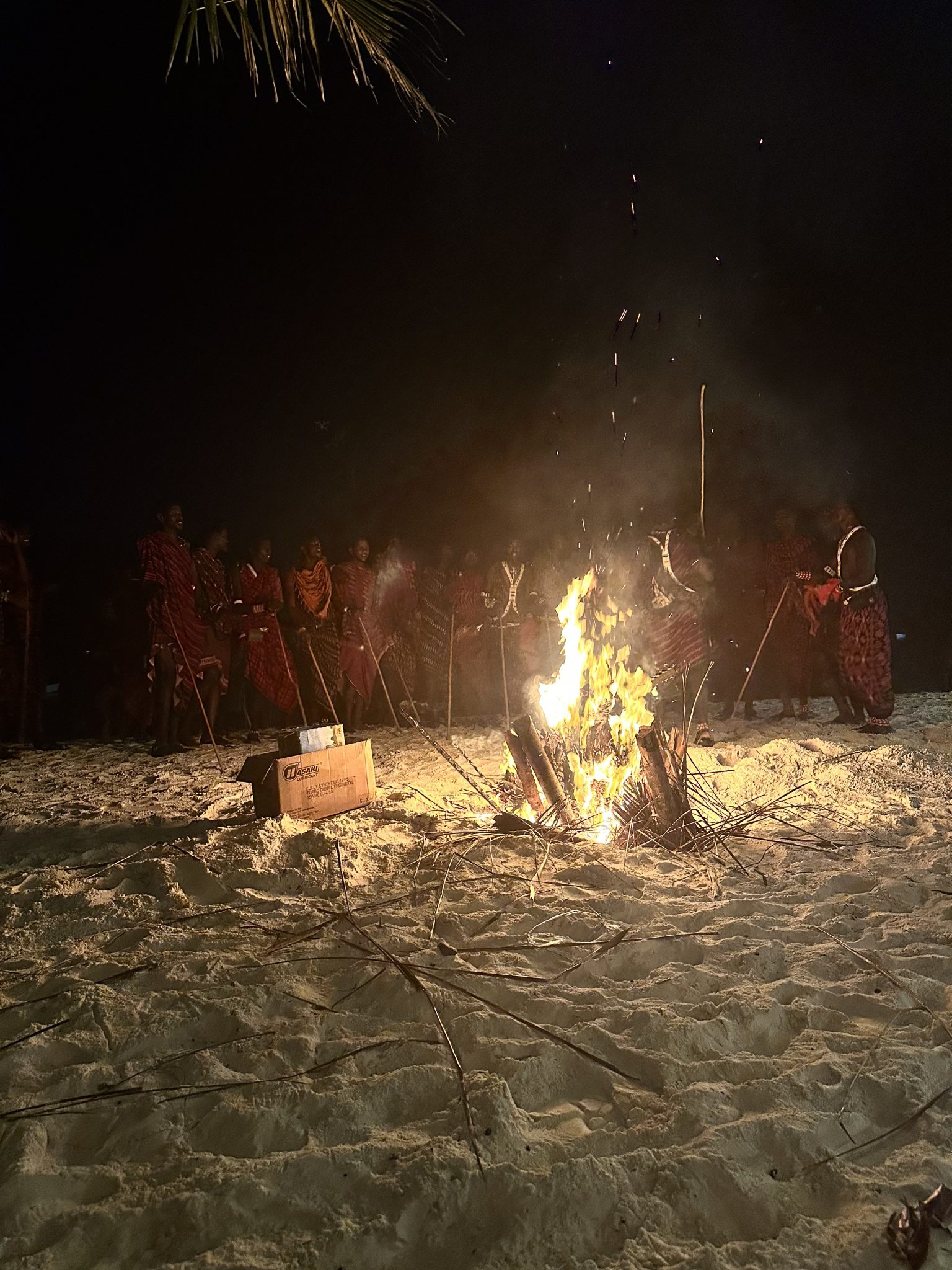 Masai tribesmen dancing around a bonfire