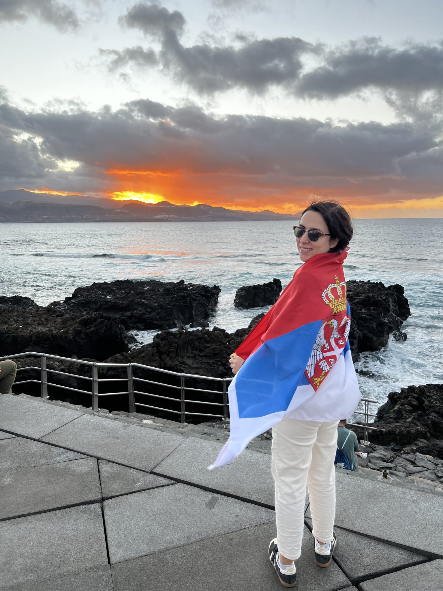 Vanja proudly covered in the flag of her home country